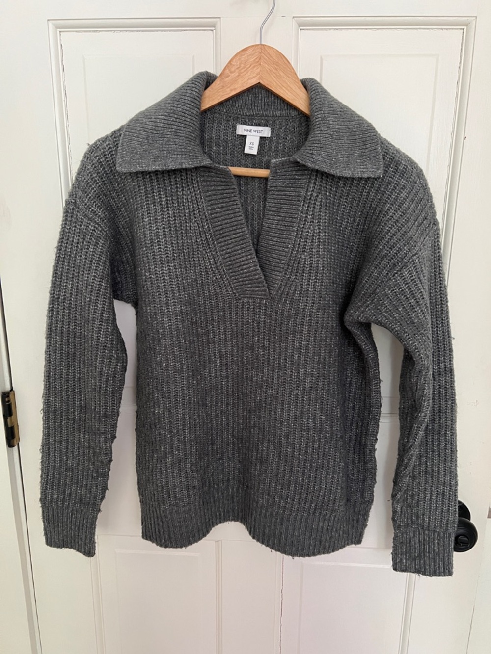 Nine West Women's Gray Green Ribbed Collared Sweater